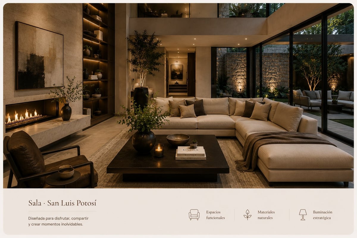 Sala de estar de lujo con sofá seccional, chimenea y ventanales a jardín